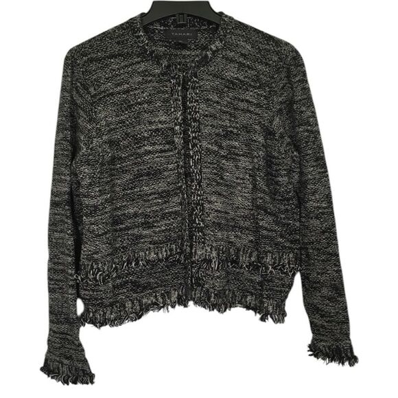 TAHARI FRINGE TRIM‎ BOUCLE CHUNCKY CROPPED CARDIGAN SWEATER JACKET LARGE - Picture 1 of 11